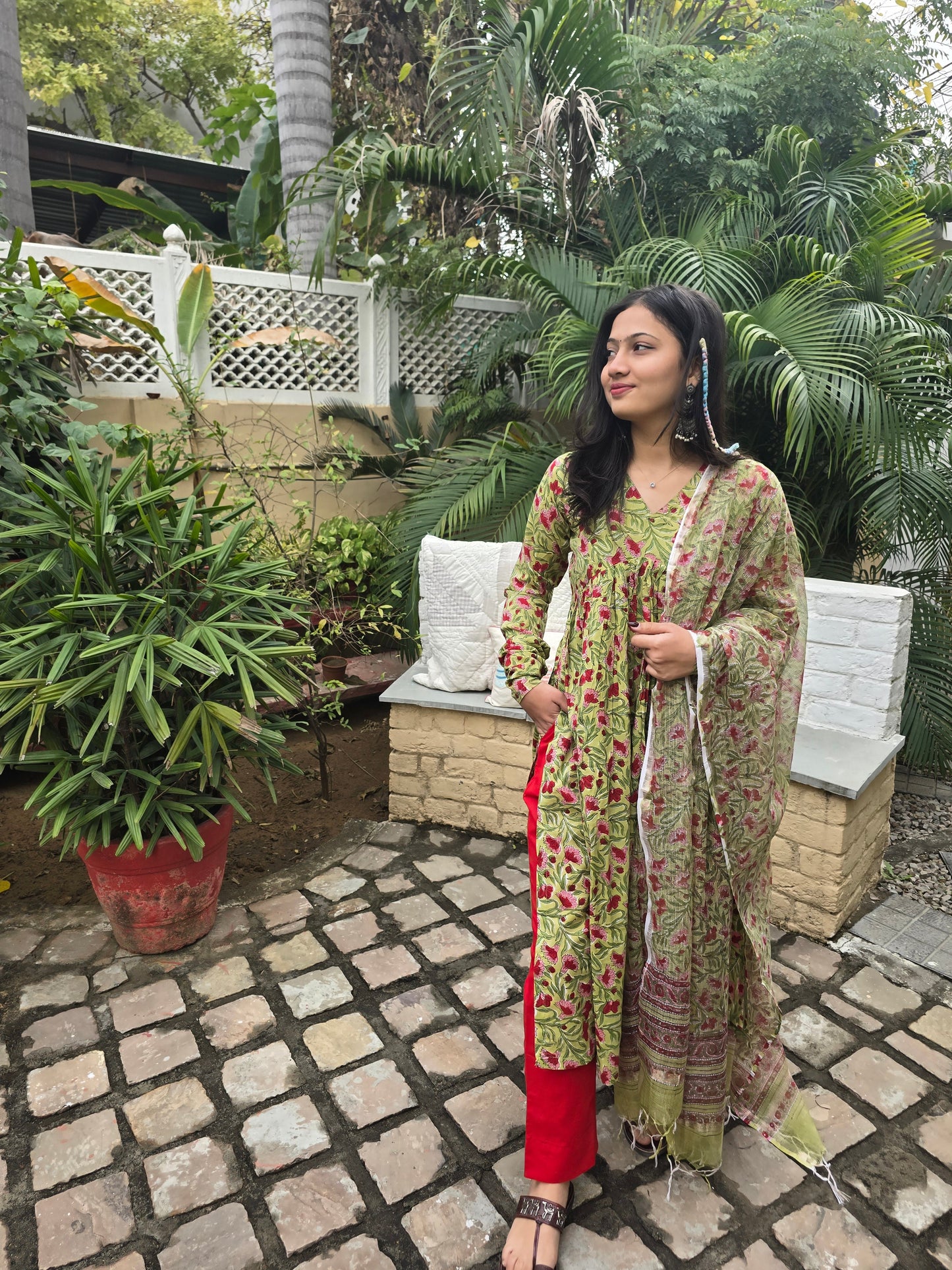 Green Maroon Handblock Print Alia Kurti with Plain Pant & Kota Doriya Dupatta