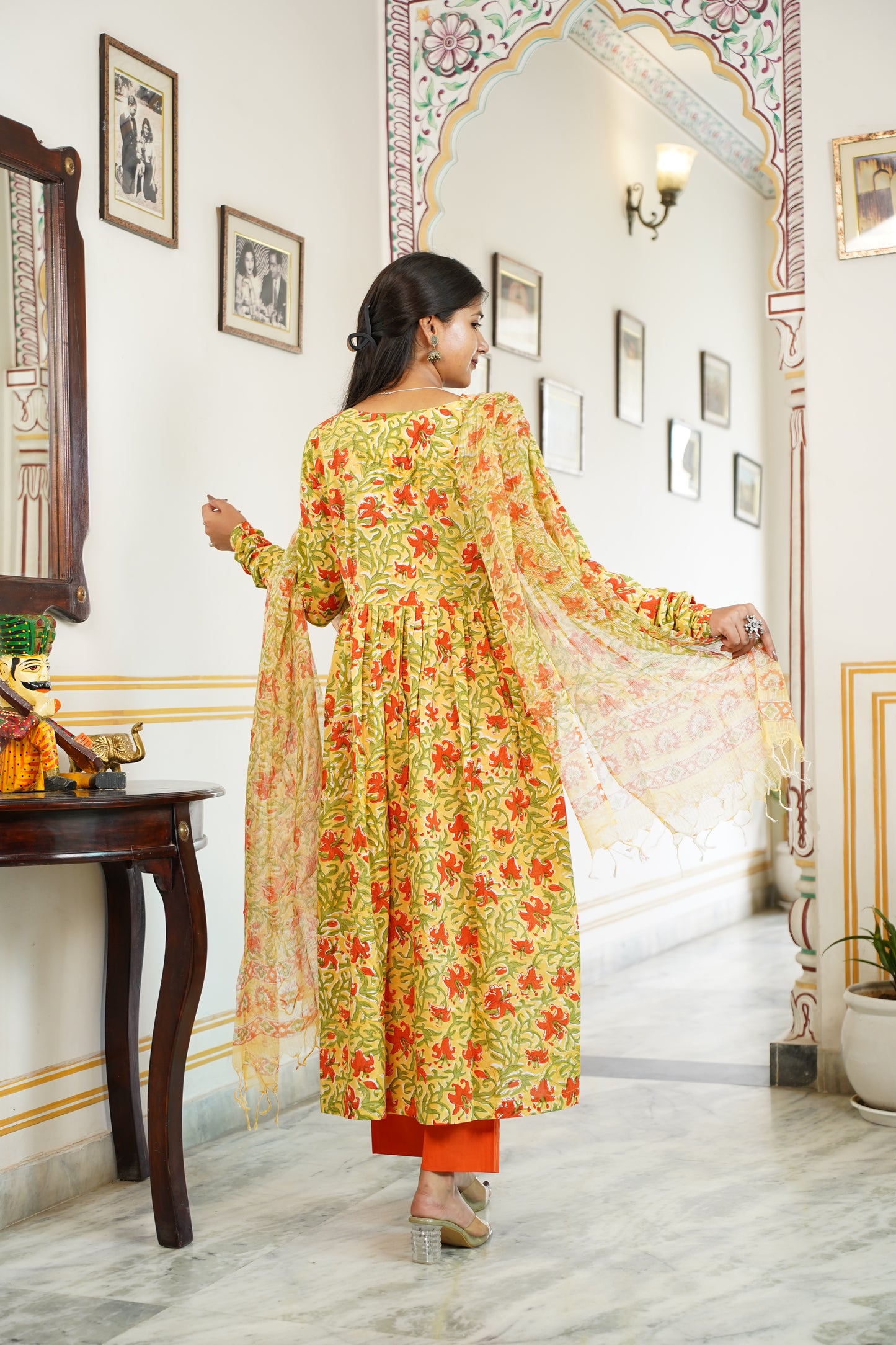 SAFFRON Handblock Alia Kurti With Plain Pant And Kota Doriya Dupatta