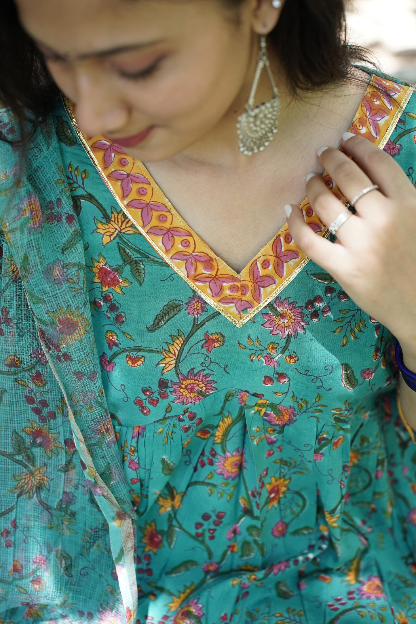 Teal Green with Handblock Print Alia Kurti with Plain Pant & Kota Doriya Dupatta