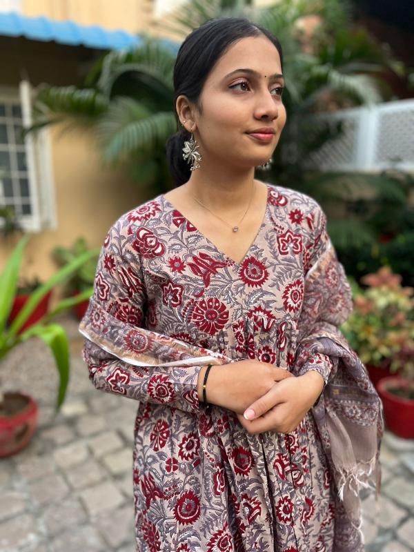 English Color Handblock Print Alia Kurti with Printed Pant & Kota Doriya Dupatta