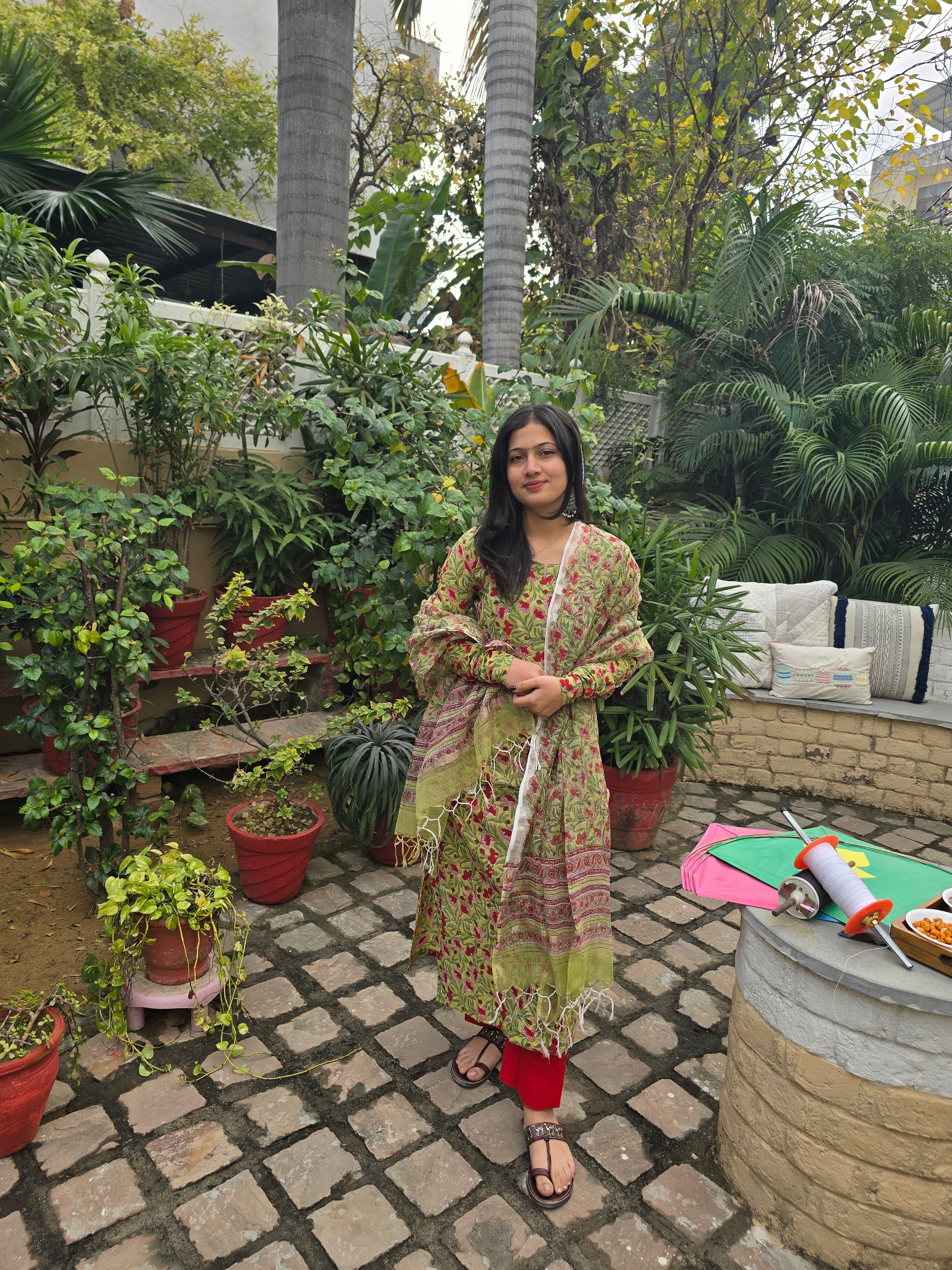 Green Maroon Handblock Print Straight Kurti with Plain Pant & Kota Doriya Dupatta