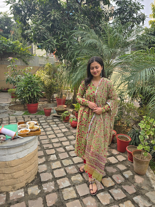 Green Maroon Handblock Print Alia Kurti with Plain Pant & Kota Doriya Dupatta