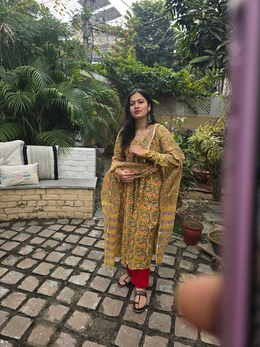 Yellow Green Handblock Print Alia Kurti with Plain Red Pant & Kota Doriya Dupatta