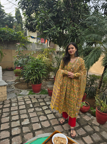 Yellow Green Handblock Print Alia Kurti with Plain Red Pant & Kota Doriya Dupatta