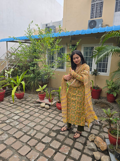 Yellow Green Handblock Print Alia Kurti with Plain Green Pant & Kota Doriya Dupatta