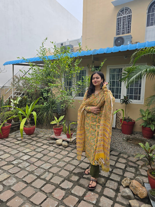 Yellow Green Handblock Print Alia Kurti with Plain Green Pant & Kota Doriya Dupatta