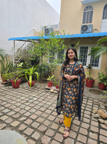 Blue Yellow Flower Print Kurta Plain Yellow Pant & Cotton Dupatta