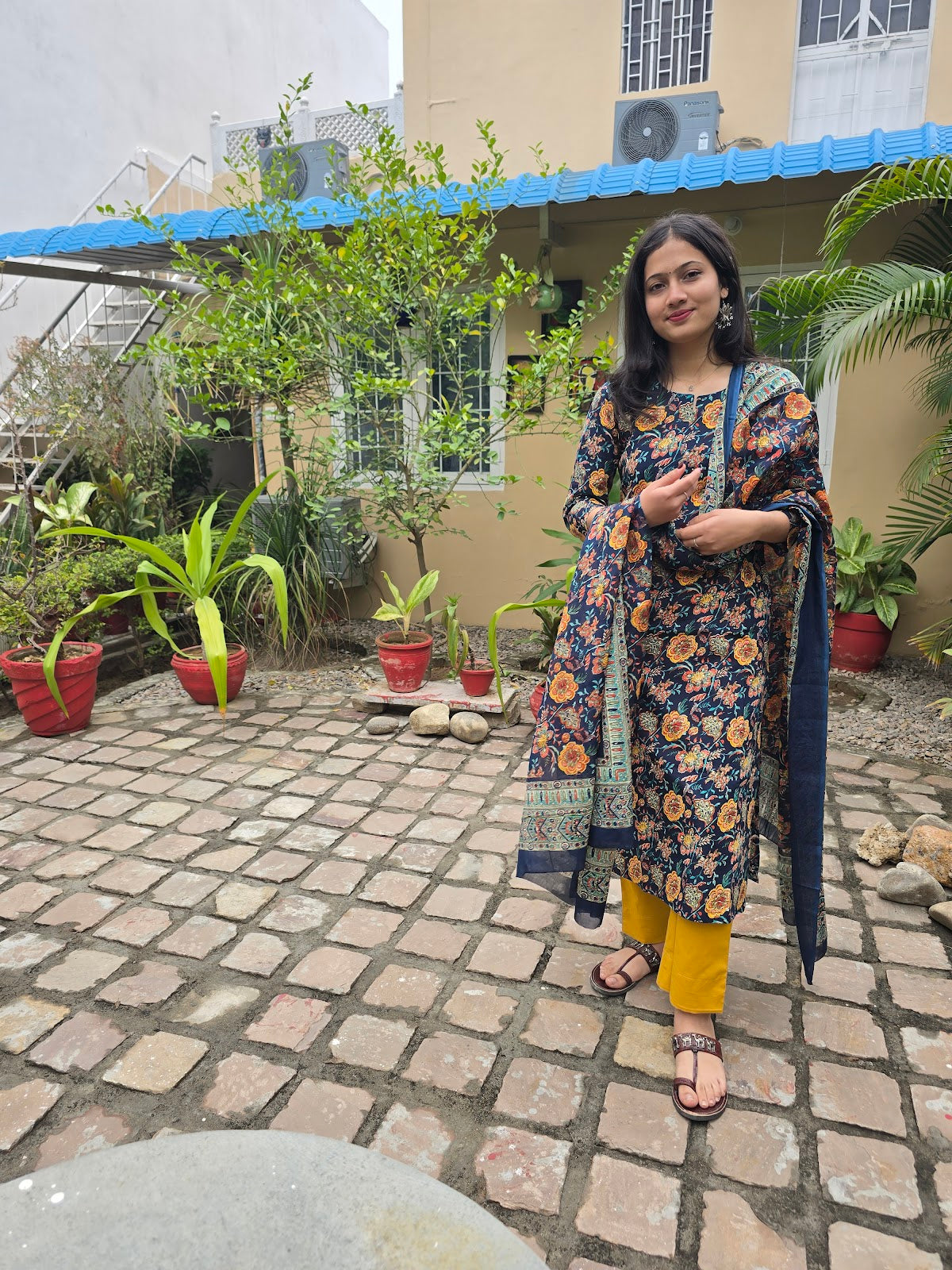 Blue Yellow Flower Print Kurta Plain Yellow Pant & Cotton Dupatta