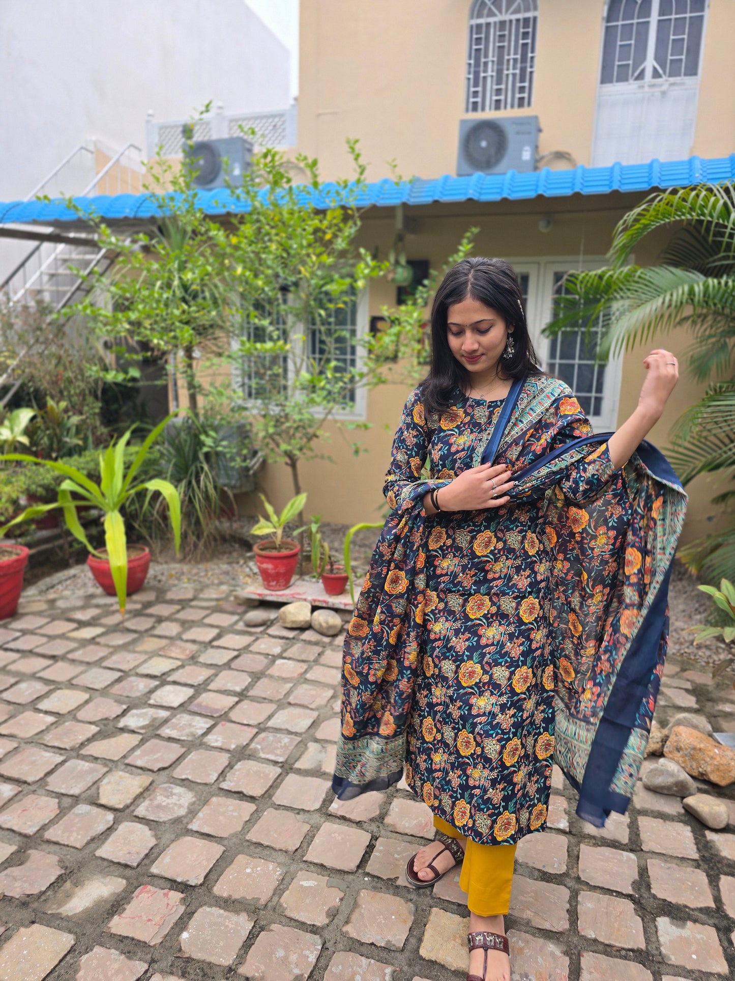 Blue Yellow Flower Print Kurta Plain Yellow Pant & Cotton Dupatta