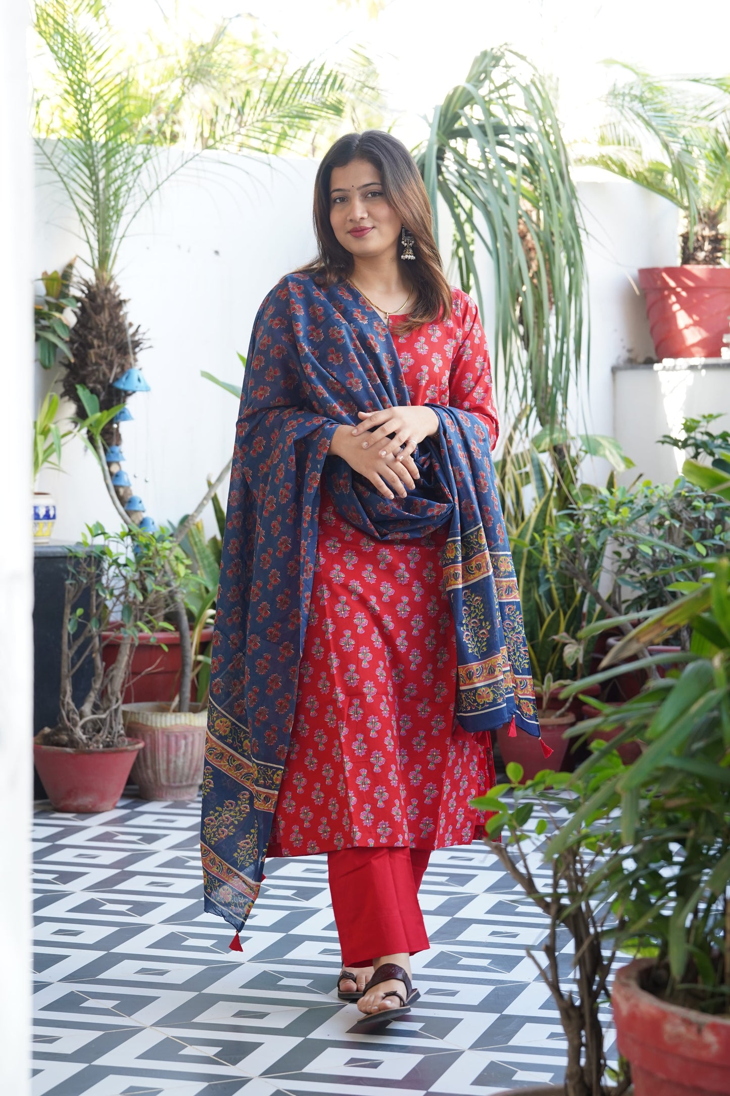 "Lalima" Block Straight kurti with plain pant and Kota doriya dupatta