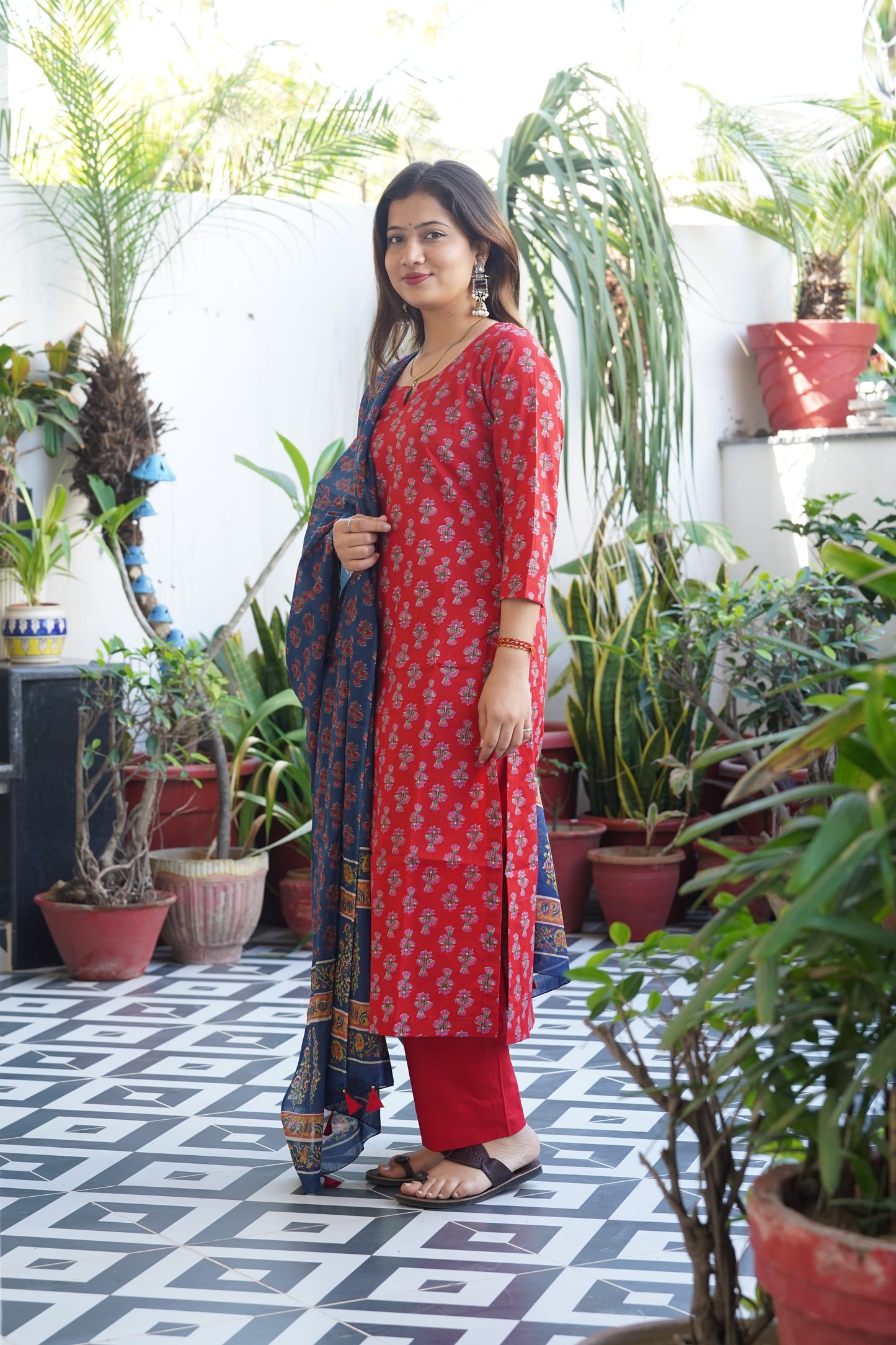 "Lalima" Block Straight kurti with plain pant and Kota doriya dupatta