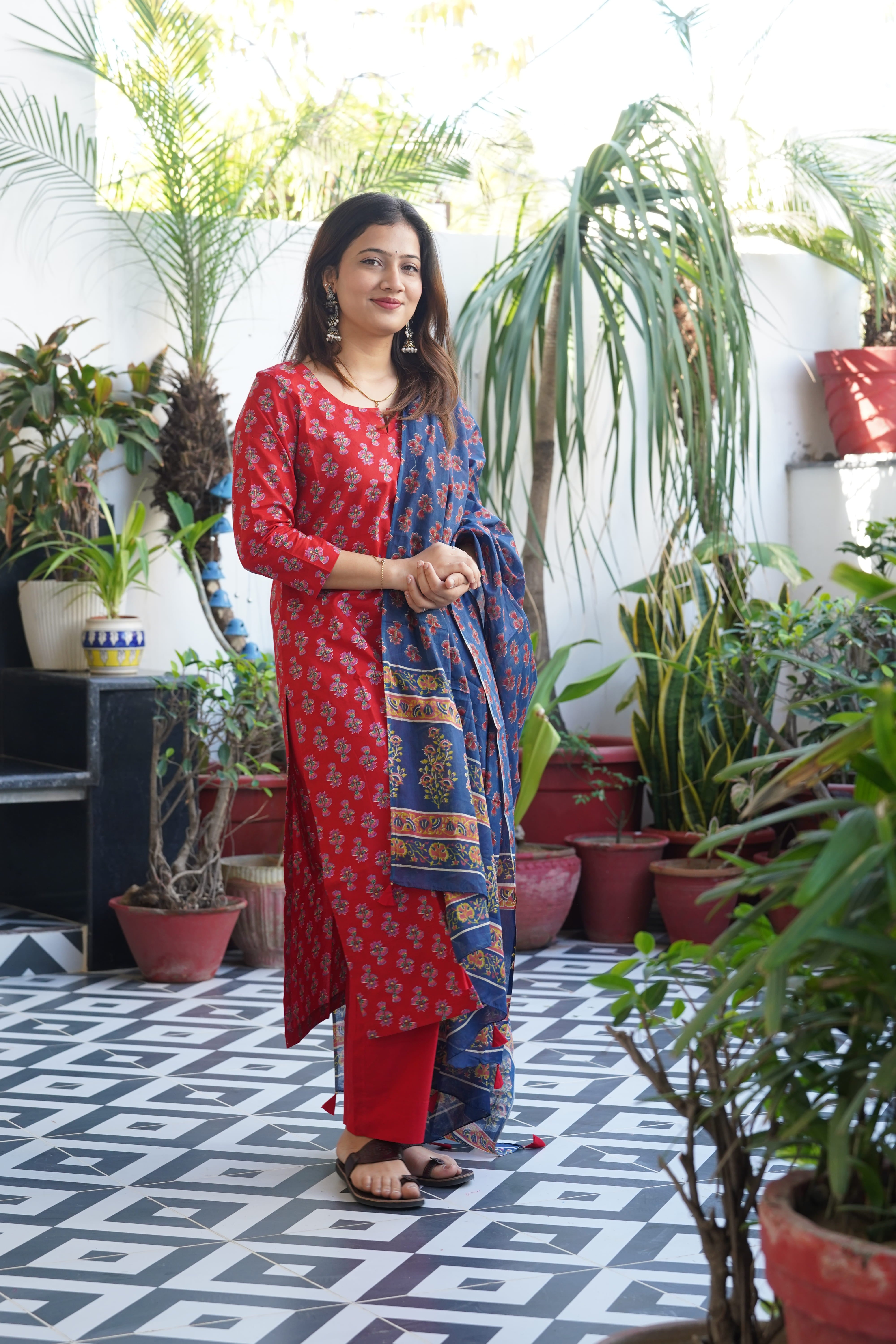 "Lalima" Block Straight kurti with plain pant and Kota doriya dupatta