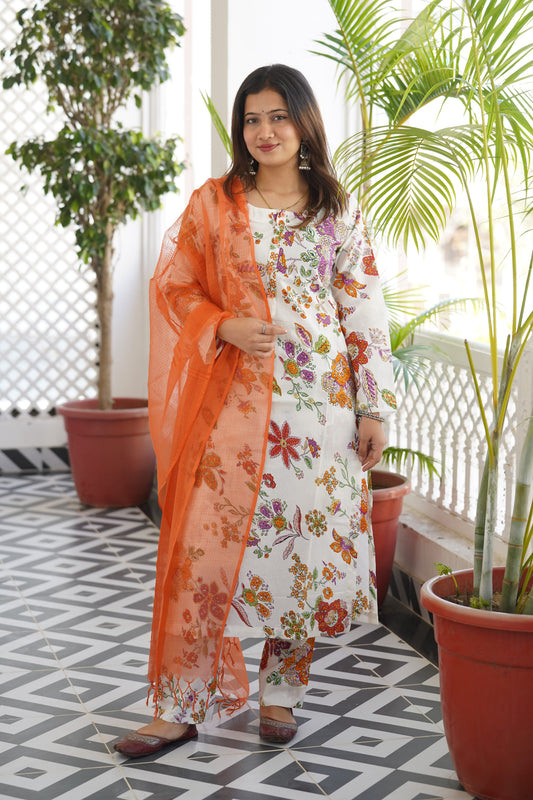 Naarangi Bloom Straight Kurta and Pant Set with Kota doriya dupatta in Orange or Purple color