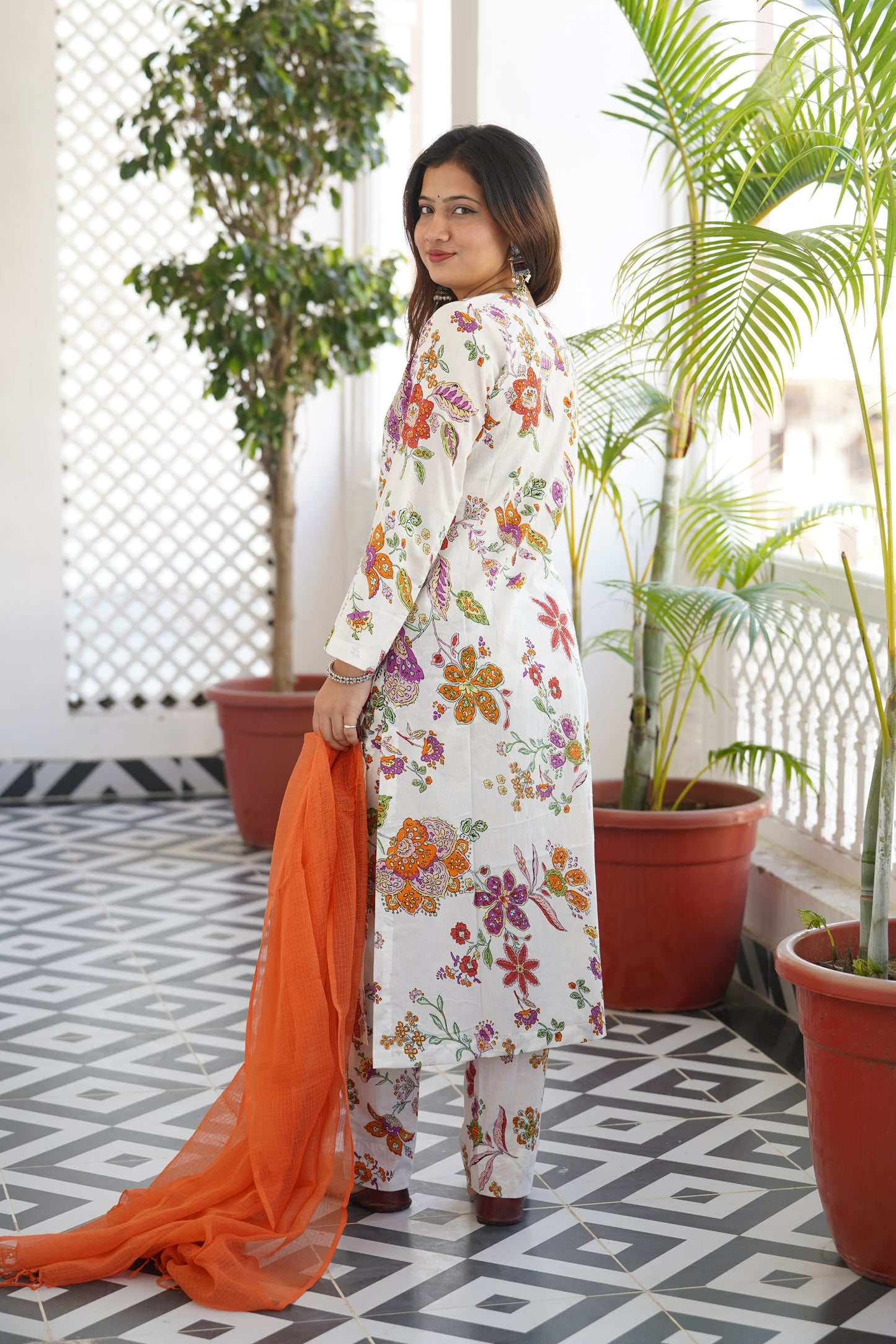 Naarangi Bloom Straight Kurta and Pant Set with Kota doriya dupatta in Orange or Purple color