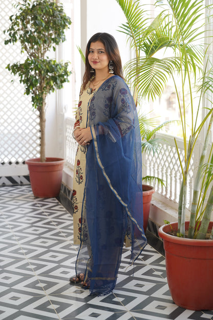 "Sandhya" Block Straight Kurti And Plain Pant With plain Kota Doriya Dupatta