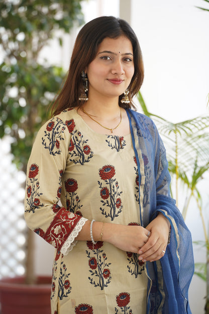"Sandhya" Block Straight Kurti And Plain Pant With plain Kota Doriya Dupatta