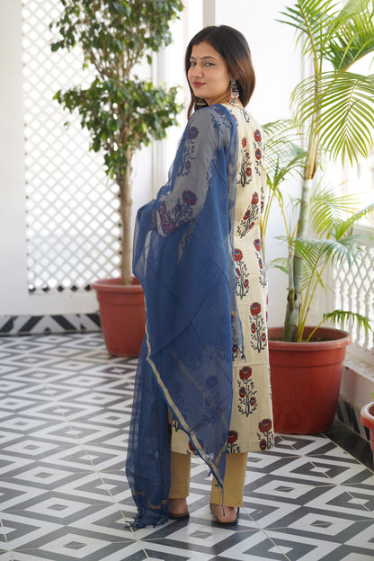 "Sandhya" Block Straight Kurti And Plain Pant With plain Kota Doriya Dupatta