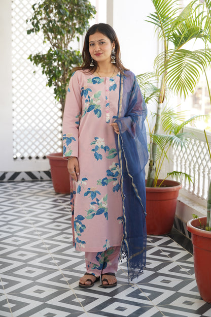 "Surkh Gulabi" Straight Kurta and Pant Set with Kota doriya dupatta in Blue Color