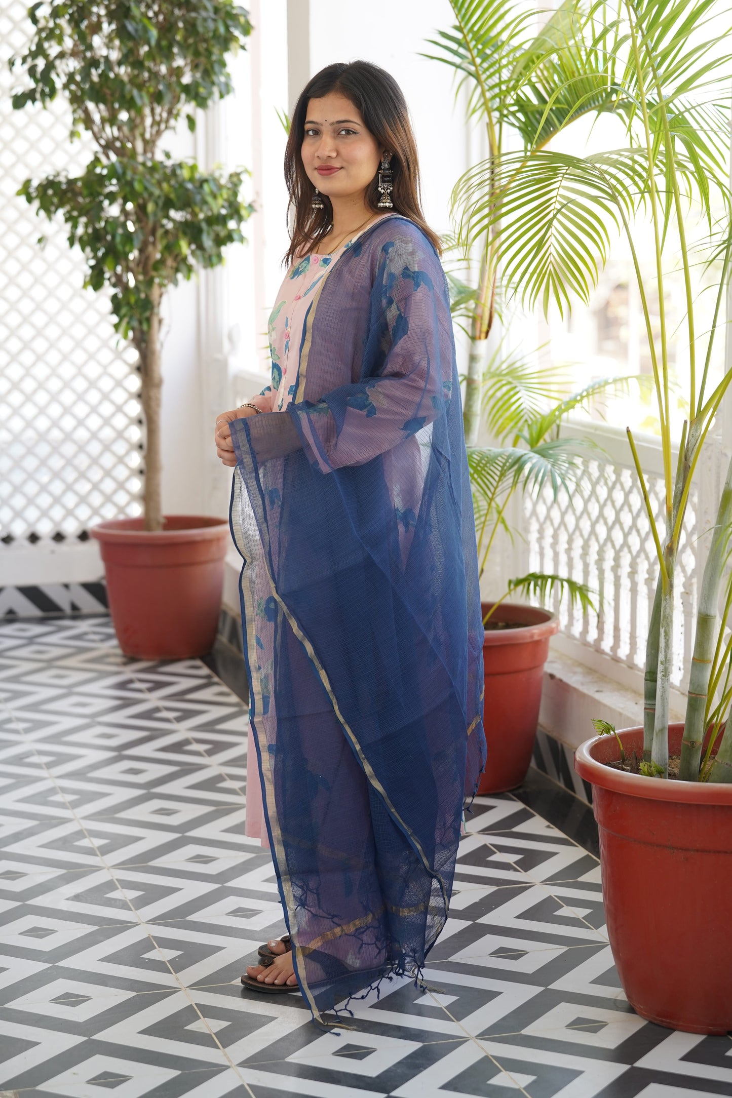 "Surkh Gulabi" Straight Kurta and Pant Set with Kota doriya dupatta in Blue Color
