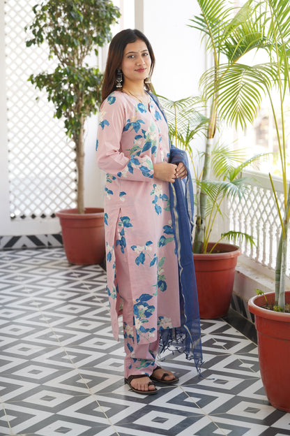 "Surkh Gulabi" Straight Kurta and Pant Set with Kota doriya dupatta in Blue Color