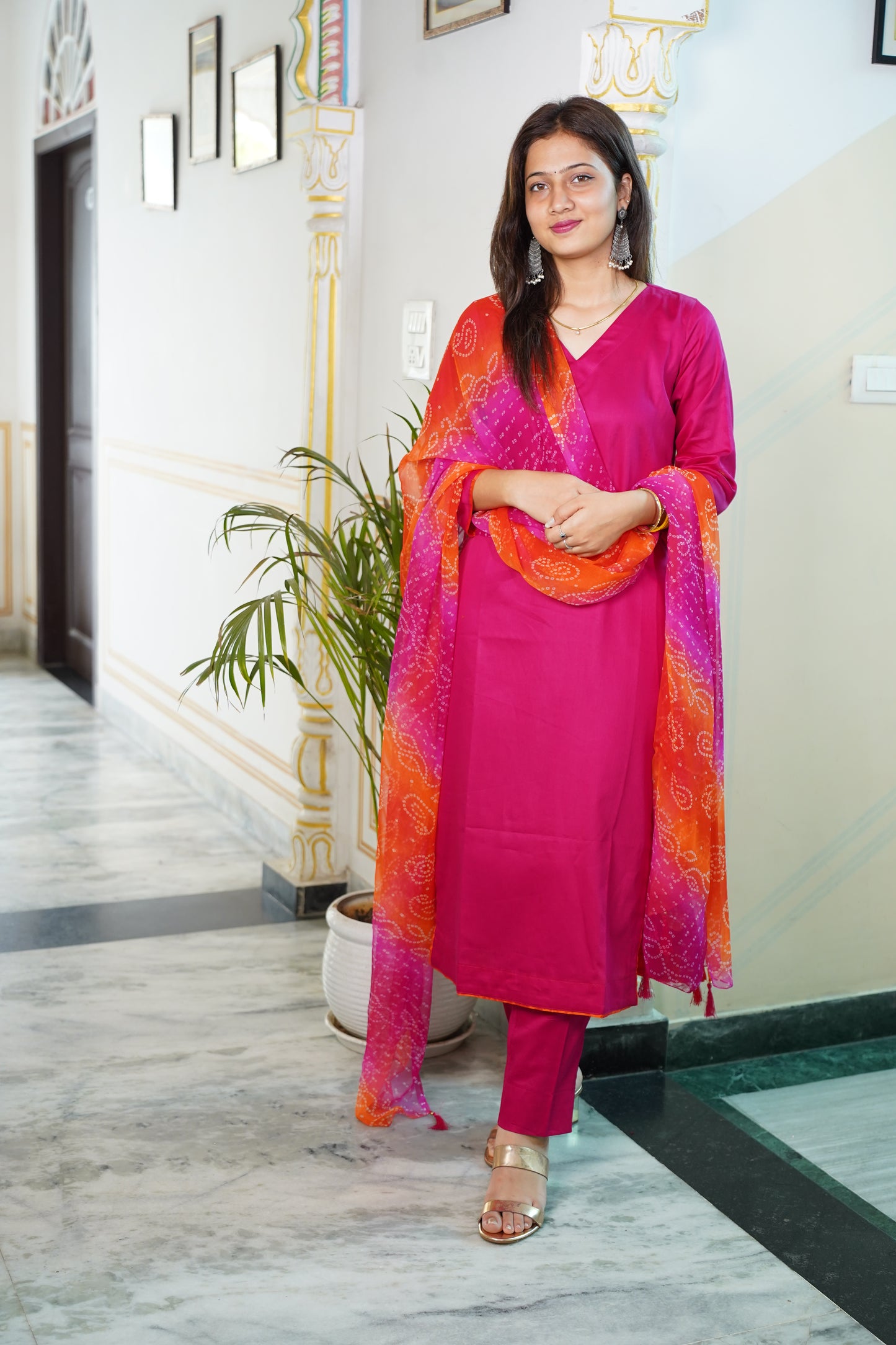 Rani Glace Cotton Suit Set With Bhandej Chiffon Dupatta