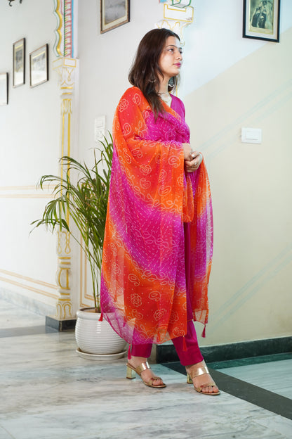 Rani Glace Cotton Suit Set With Bhandej Chiffon Dupatta