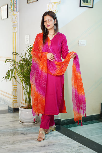 Rani Glace Cotton Suit Set With Bhandej Chiffon Dupatta