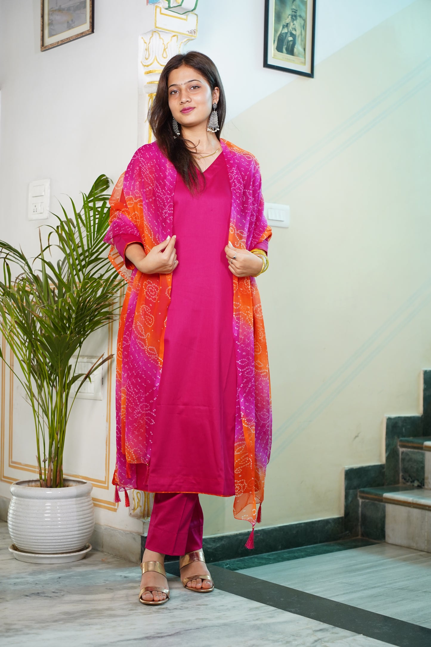 Rani Glace Cotton Suit Set With Bhandej Chiffon Dupatta