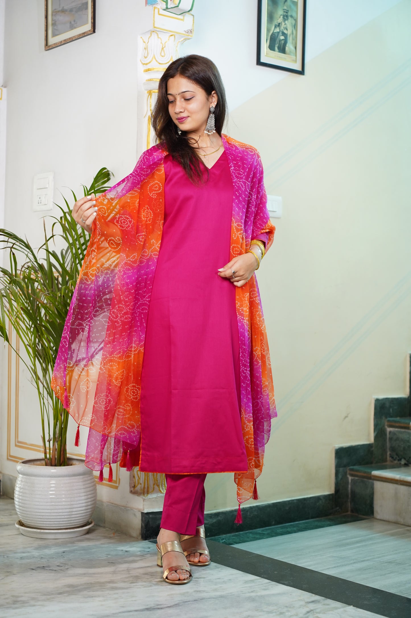 Rani Glace Cotton Suit Set With Bhandej Chiffon Dupatta