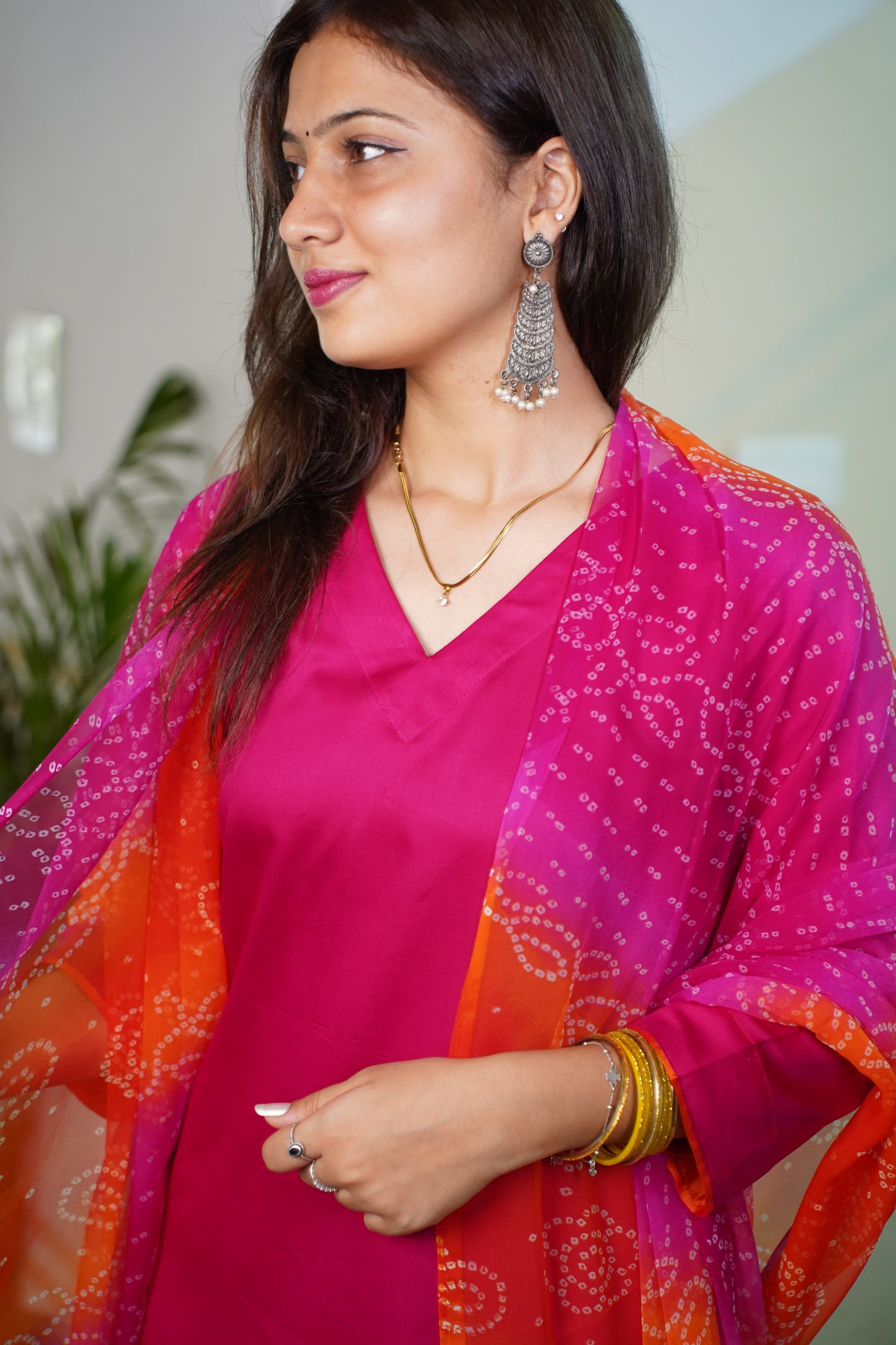 Rani Glace Cotton Suit Set With Bhandej Chiffon Dupatta