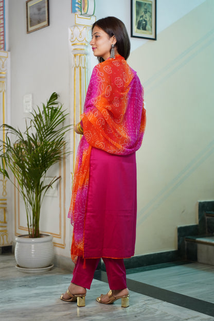 Rani Glace Cotton Suit Set With Bhandej Chiffon Dupatta