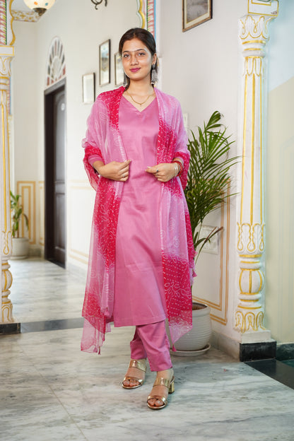 Glace Cotton Suit Set With Chiffon Dupatta