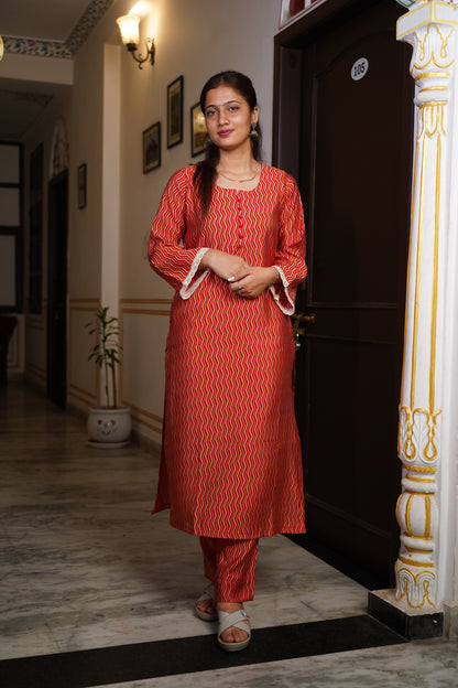 Muslin Lahariya Kurta With Potli Botton on Neck And Bell Sleeves With Lace And Muslin Bottom With Two Pocket