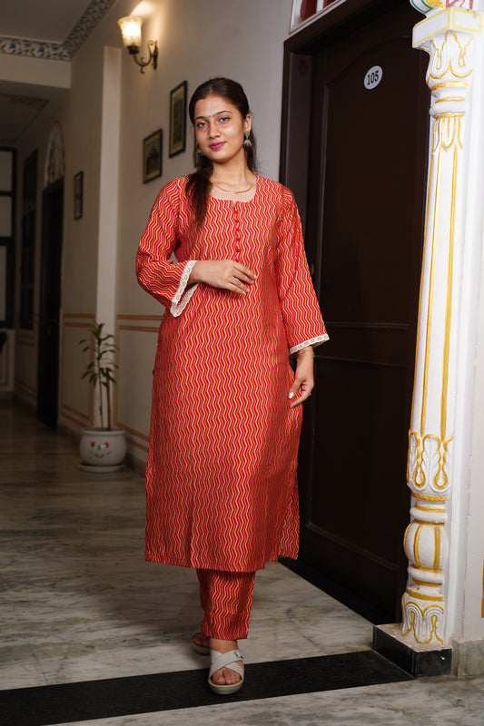 Muslin Lahariya Kurta With Potli Botton on Neck And Bell Sleeves With Lace And Muslin Bottom With Two Pocket