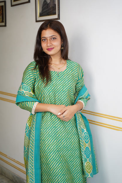 Muslin Lahariya Kurta With Less On Sleeves With Cotton Pant And Muslin Dupatta