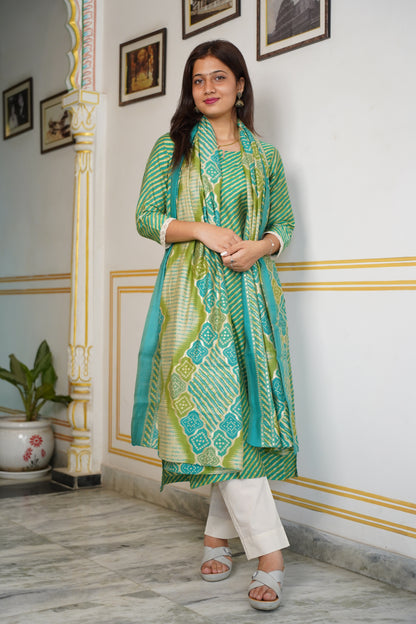 Muslin Lahariya Kurta With Less On Sleeves With Cotton Pant And Muslin Dupatta
