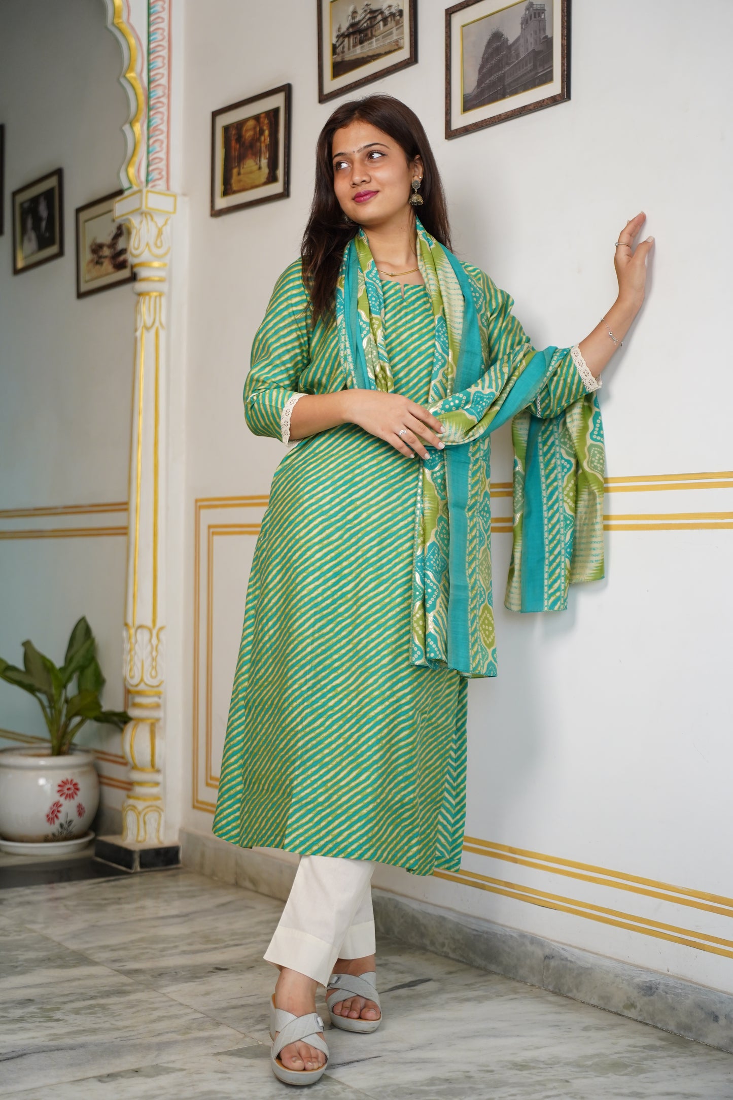 Muslin Lahariya Kurta With Less On Sleeves With Cotton Pant And Muslin Dupatta