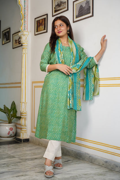 Muslin Lahariya Kurta With Less On Sleeves With Cotton Pant And Muslin Dupatta