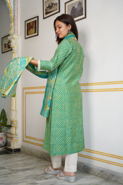 Muslin Lahariya Kurta With Less On Sleeves With Cotton Pant And Muslin Dupatta