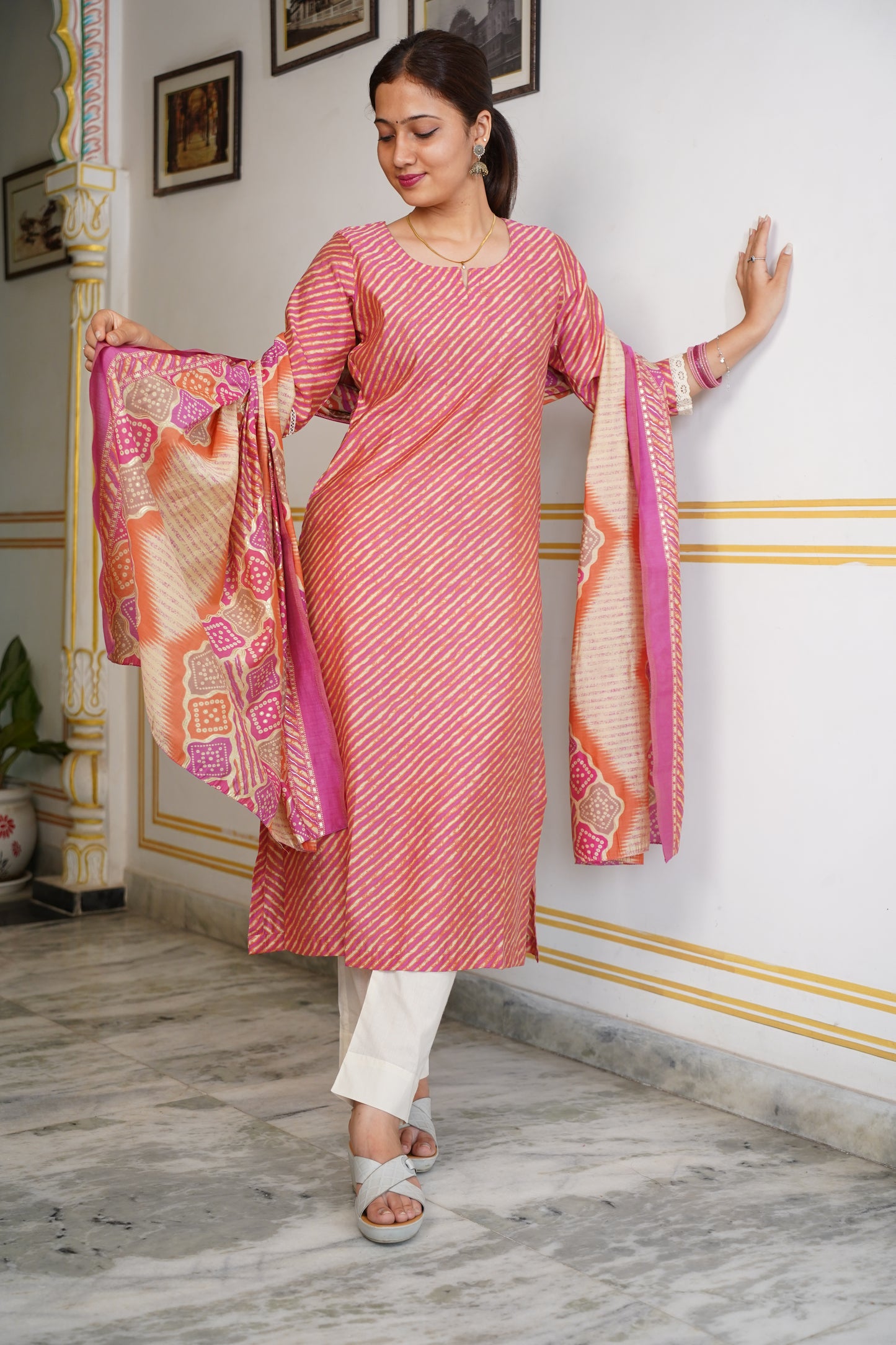 Muslin Lahariya Kurta With Less On Sleeves With Cotton Pant And Muslin Dupatta