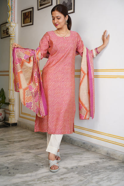 Muslin Lahariya Kurta With Less On Sleeves With Cotton Pant And Muslin Dupatta