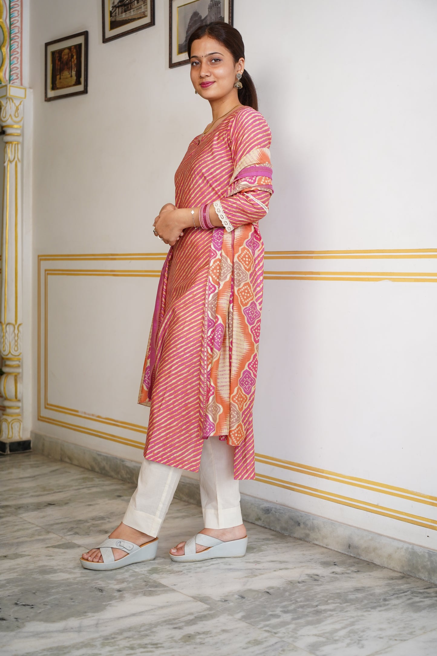 Muslin Lahariya Kurta With Less On Sleeves With Cotton Pant And Muslin Dupatta