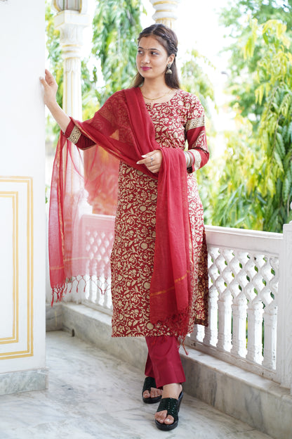 HEER Maroon Cotton Suit Set With Kota Doriya Dupatta