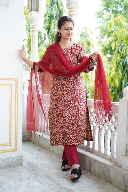 HEER Maroon Cotton Suit Set With Kota Doriya Dupatta