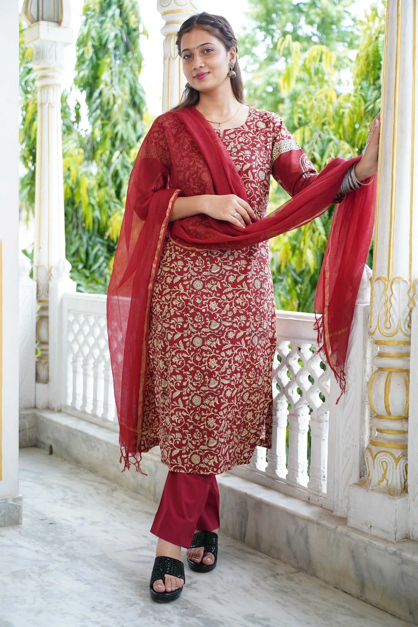 HEER Maroon Cotton Suit Set With Kota Doriya Dupatta