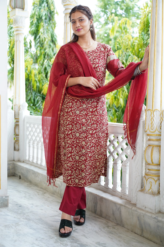 HEER Maroon Cotton Suit Set With Kota Doriya Dupatta