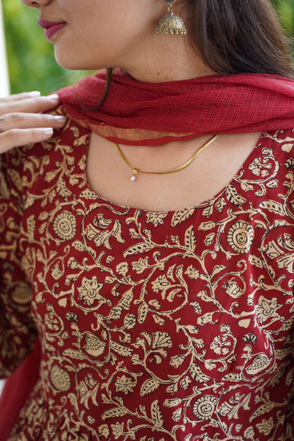 HEER Maroon Cotton Suit Set With Kota Doriya Dupatta