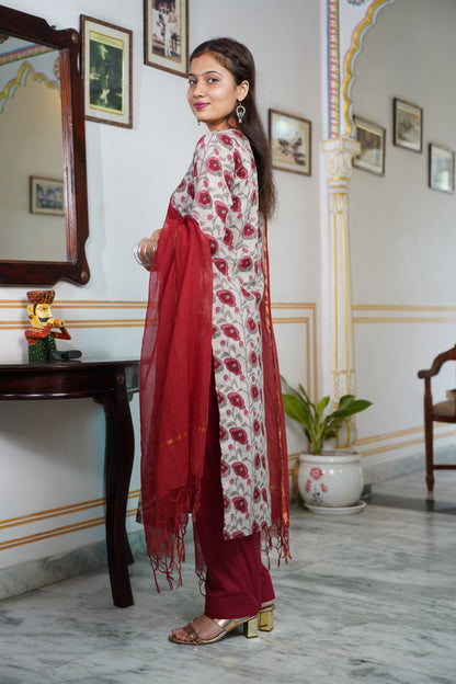 SIENNA(Reddish- Brown Colour) Cotton A Line Suit Set With Plan Kota Doriya Dupatta