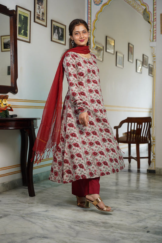 SIENNA(Reddish- Brown Colour) Cotton A Line Suit Set With Plan Kota Doriya Dupatta