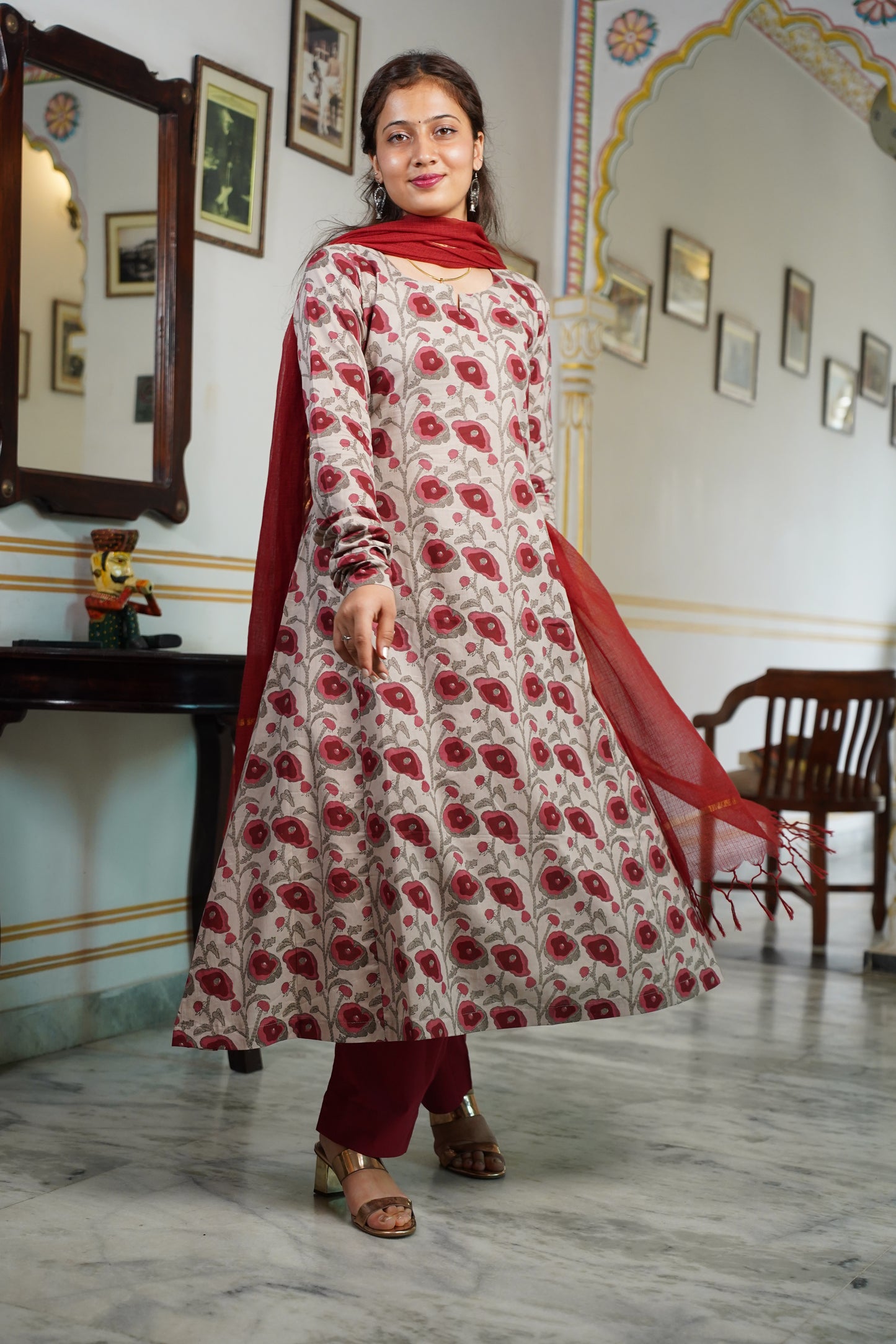 SIENNA(Reddish- Brown Colour) Cotton A Line Suit Set With Plan Kota Doriya Dupatta